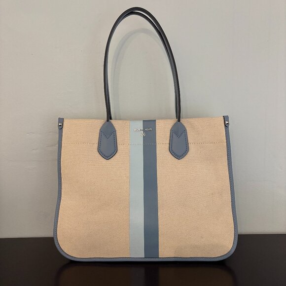 Michael Kors Heidi Large Ivory Light Blue Stripe Canvas Tote - Picture 1 of 13